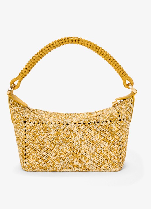 LOEWE Cala Mini handtas van raffia met kalfsleren details - achterkant mosterd