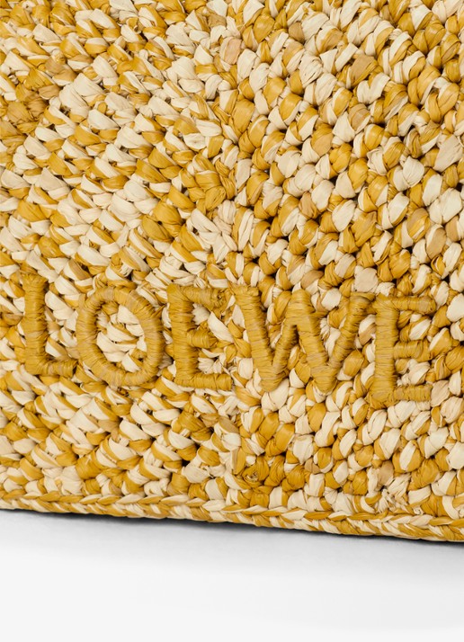 LOEWE Cala Mini handtas van raffia met kalfsleren details - detail 5 mosterd