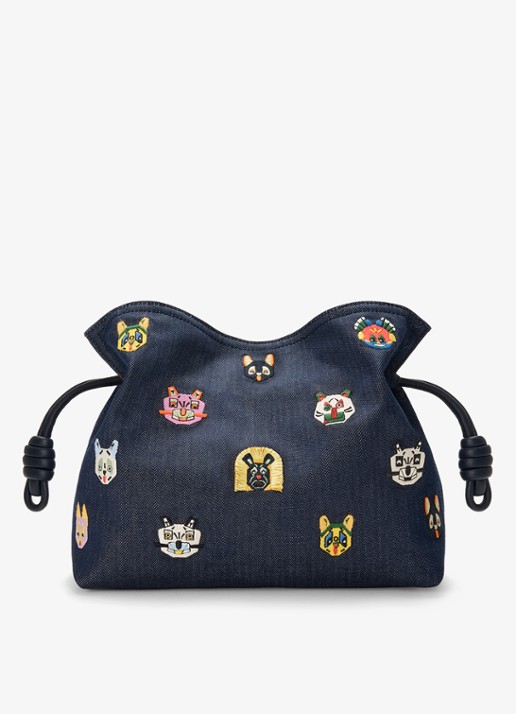 LOEWE Flamenco Cats M clutch van denim met kalfsleren details - achterkant 8 donkerblauw