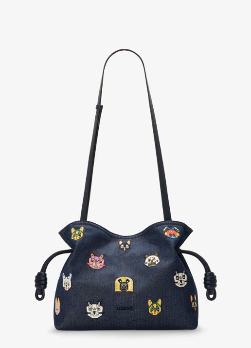 LOEWE Flamenco Cats M clutch van denim met kalfsleren details - detail 4 donkerblauw