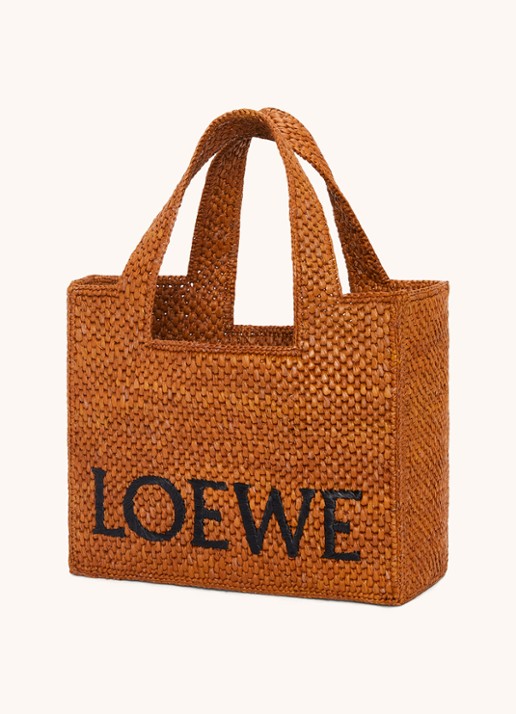 LOEWE Font Small shopper van raffia met afneembare schouderriem - achterkant cognac