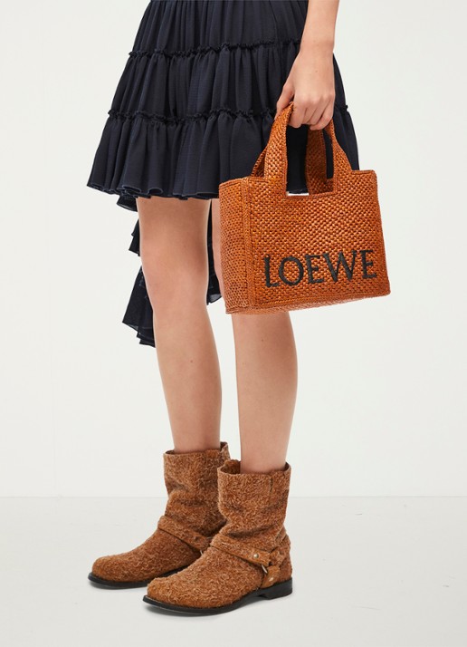 LOEWE Font Small shopper van raffia met afneembare schouderriem - voorkant 8 cognac
