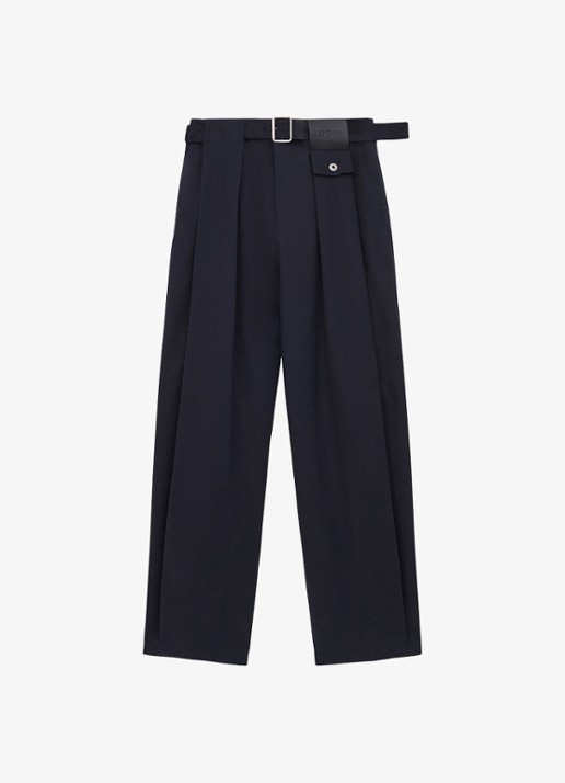 LOEWE High waist loose fit pantalon in zijdeblend met ceintuur - voorkant donkerblauw
