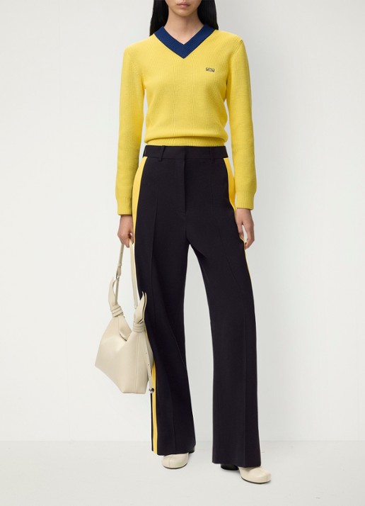 LOEWE High waist straight fit pantalon in wolblend met persplooi - voorkant 2 donkerblauw