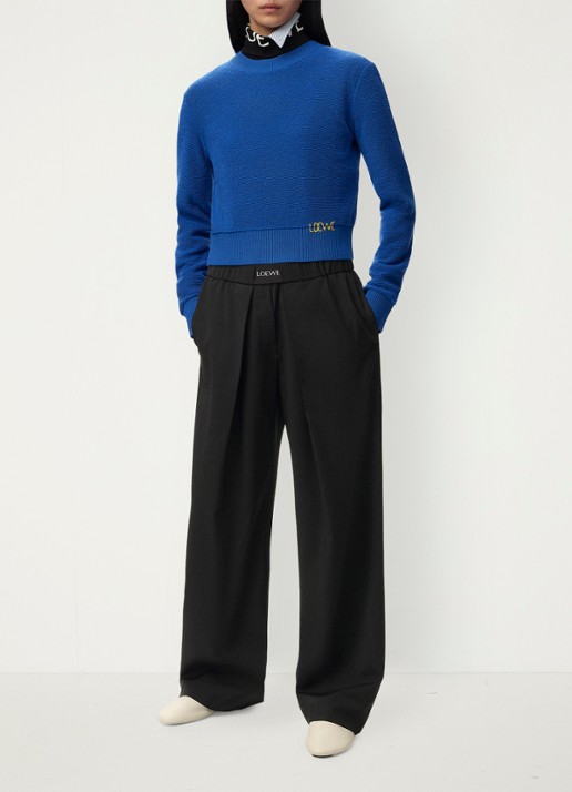 LOEWE High waist wide fit pantalon in wolblend met logo - voorkant 5 zwart