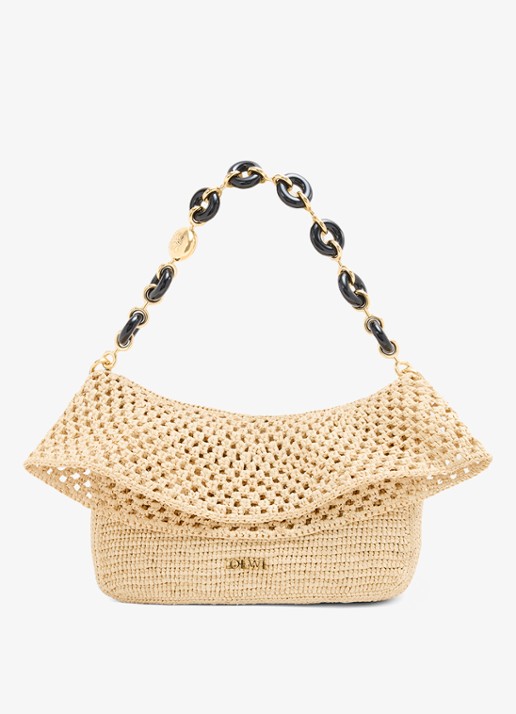 LOEWE Ola Medium schoudertas van raffia met kalfsleren details - voorkant 2 beige