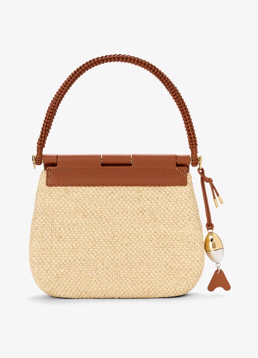 LOEWE Pescador Medium schoudertas van raffia met kalfsleren details - achterkant beige