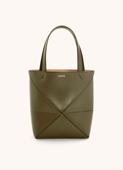 LOEWE Puzzle Fold Mini shopper van kalfsleer - voorkant 2 bronsgroen