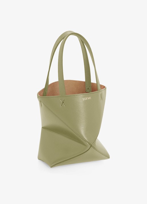 LOEWE Puzzle Fold Mini shopper van kalfsleer - voorkant 3 olijfgroen