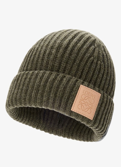 LOEWE Ribgebreide muts van kasjmier met logo - voorkant 4 donkerkhaki
