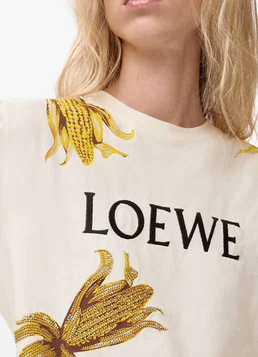 LOEWE T-shirt met logoborduring en strass - detail 3 gebroken wit