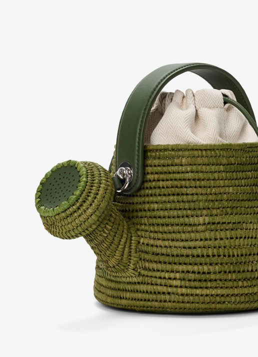 LOEWE Watering Can handtas van raffia met kalfsleren details - detail 3 groen