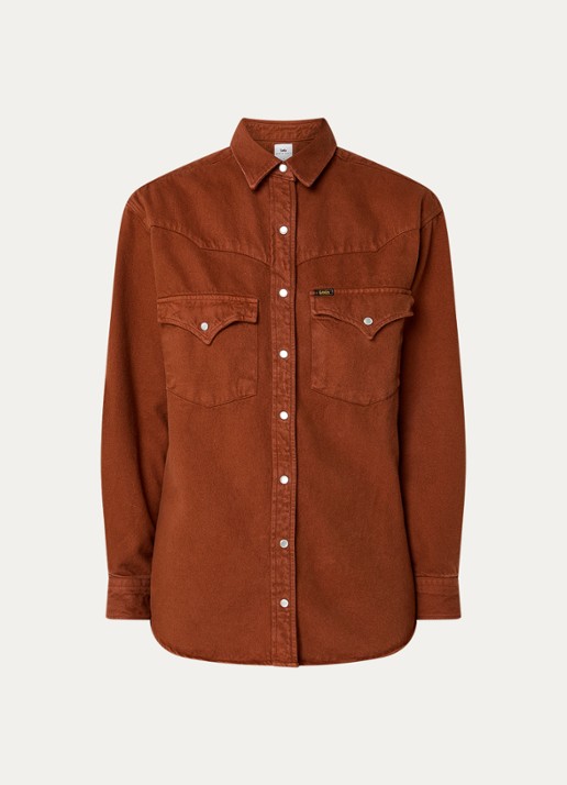 Lois Rafael overshirt van denim met borstzakken - voorkant 2 oranjebruin