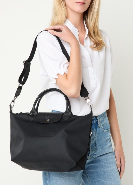 Longchamp Le Pliage Green handtas M met leren details - voorkant 3 zwart