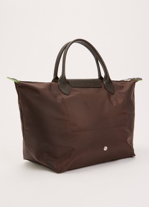 Longchamp Le Pliage Green handtas M met leren details - achterkant 7 donkerbruin