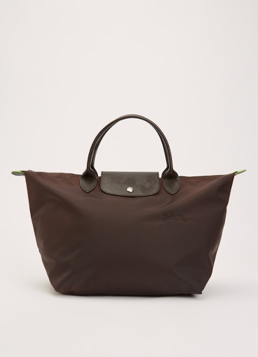Longchamp Le Pliage Green handtas M met leren details - voorkant 5 donkerbruin