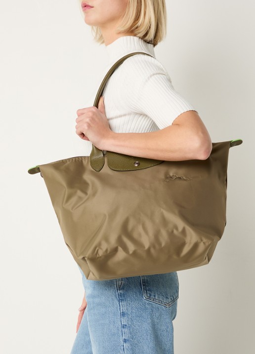 Longchamp Le Pliage Green schoudertas L met leren details - voorkant 2 lichtbruin