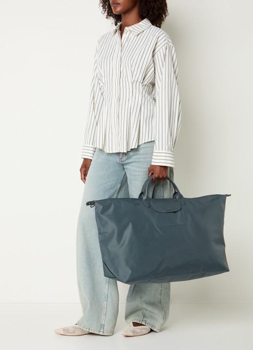 Longchamp Le Pliage One reistas XL met leren details - voorkant 3 staalblauw