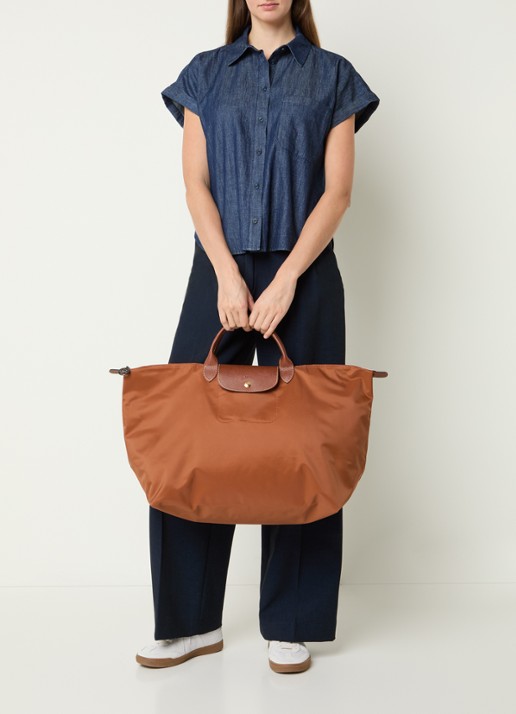 Longchamp Le Pliage reistas L met leren details - voorkant 7 cognac