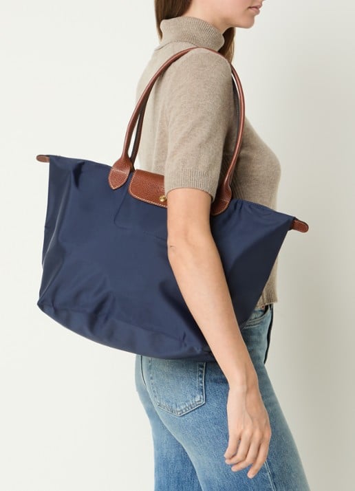 Longchamp Le Pliage schoudertas L met leren details - voorkant 3 donkerblauw