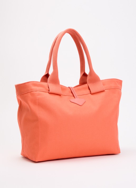 Longchamp Le Roseau shopper van canvas met leren details - achterkant koraalroze