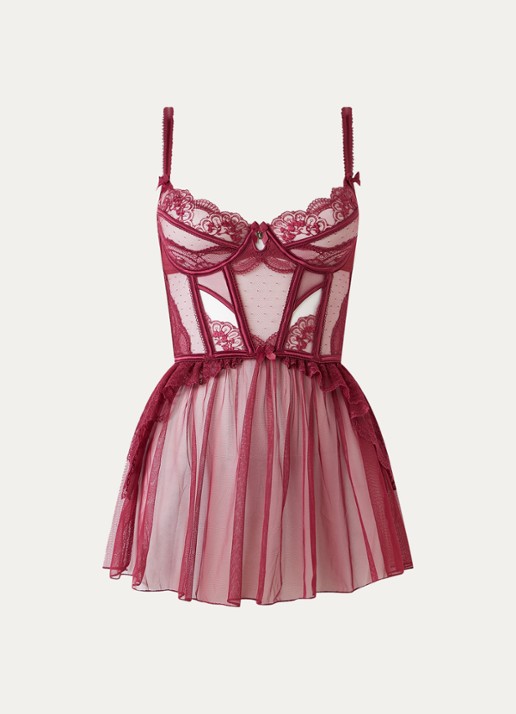 Lounge Angelica Babydoll bustier van mesh met borduring - voorkant bordeauxrood