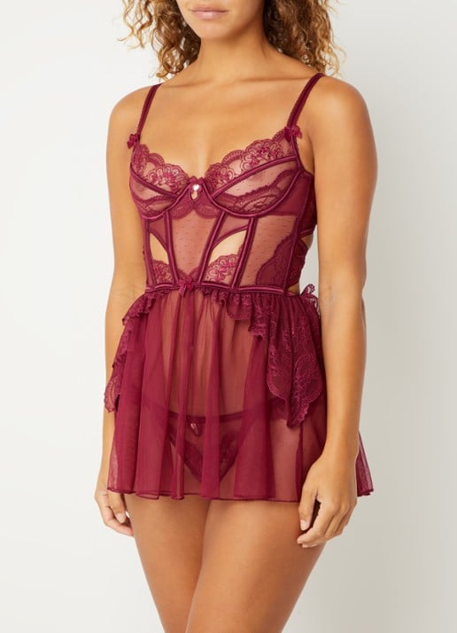 Lounge Angelica Babydoll bustier van mesh met borduring