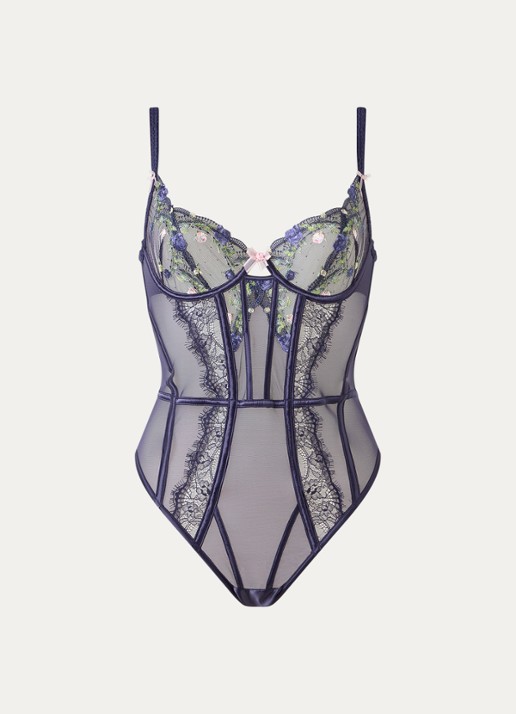 Lounge Dahlia bustier van mesh met bloemborduring - voorkant donkerblauw