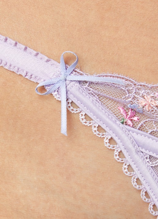 Lounge Junia string van satijn met mesh en bloemborduring - detail 5 lila