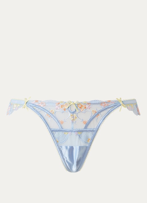 Lounge Lyra string van mesh met bloemborduring en volant - voorkant lichtblauw