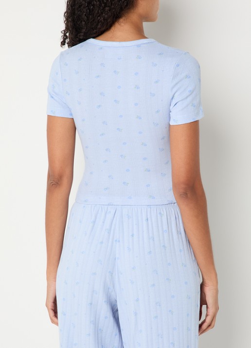 Lounge Pointelle pyjama top met bloemenprint - achterkant 2 blauw