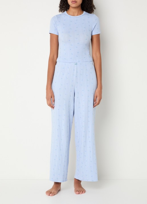 Lounge Pointelle pyjama top met bloemenprint - voorkant 4 blauw