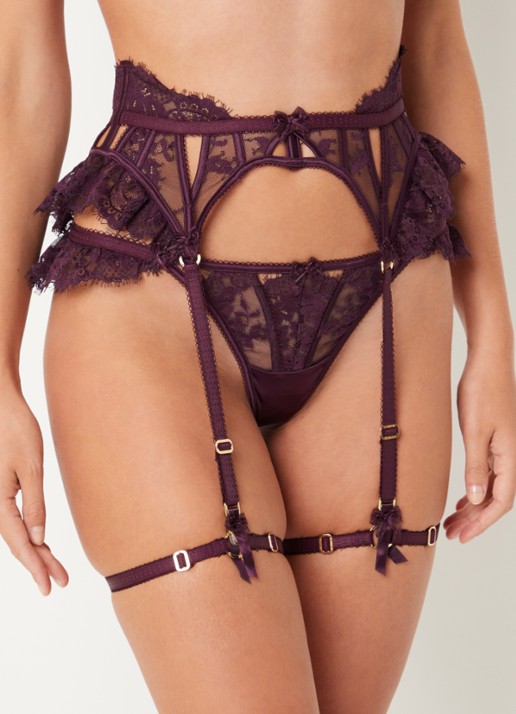 Lounge Roxanna jarretels van mesh met borduring - voorkant 5 aubergine