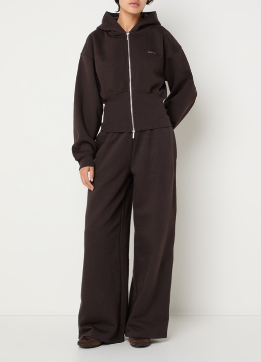Lounge Sweatvest met logo en capuchon - voorkant 5 chocoladebruin