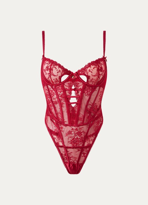 Lounge Valentina body van kant met bloemborduring - voorkant 2 donkerrood