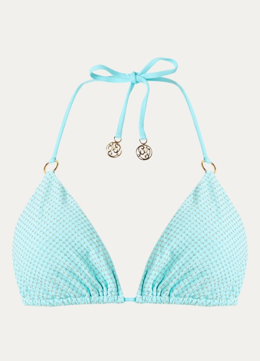 Luli Fama Ring triangel bikinitop met print en lurex - voorkant 2 aquablauw