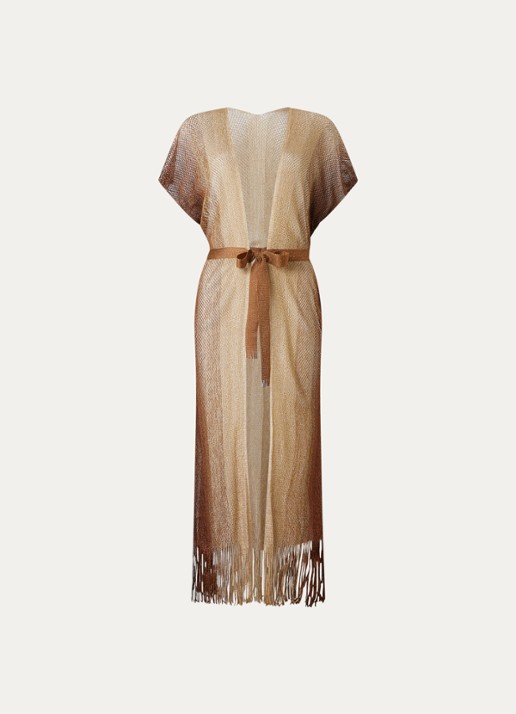 Luli Fama Strandjurk met strikceintuur en opengewerkt dessin - voorkant 3 beige