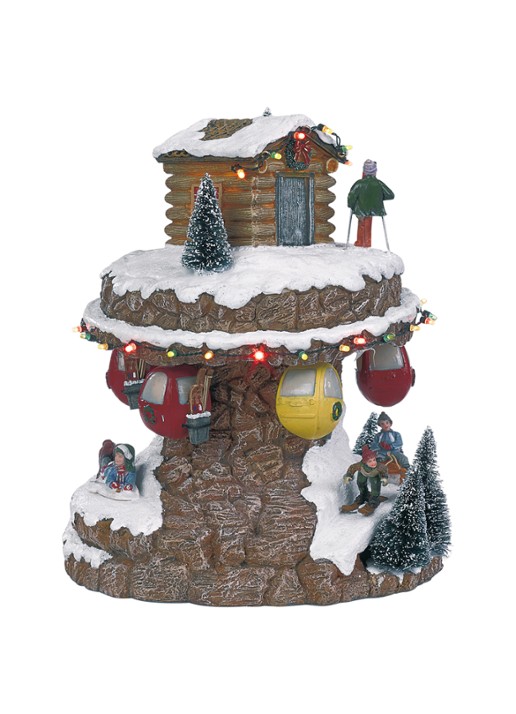 Luville Collectables Kabelbaan op een berg kerstdorp met verlichting 28 cm - voorkant bruin