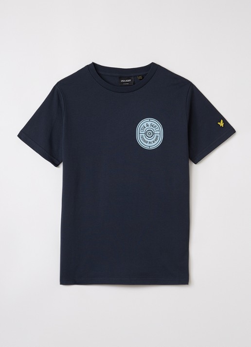 Lyle & Scott Borders T-shirt met front- en backprint - voorkant donkerblauw