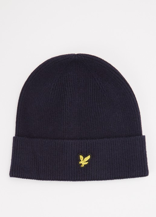 Lyle & Scott Fijngebreide muts met logo - voorkant donkerblauw