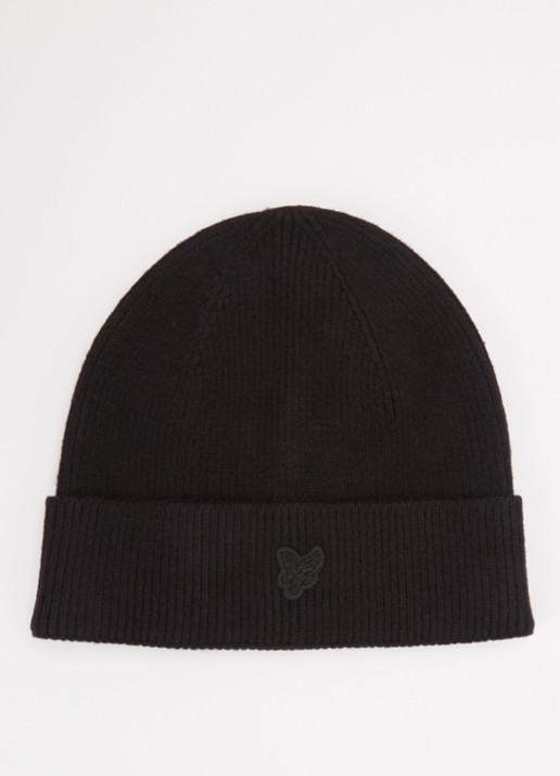 Lyle & Scott Fijngebreide muts met logo - voorkant zwart