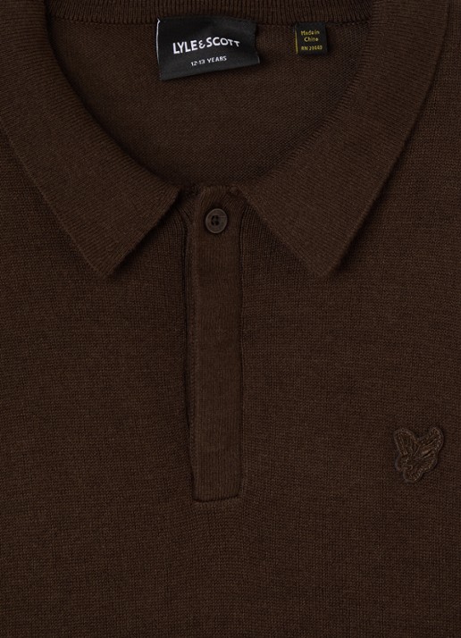 Lyle & Scott Fijngebreide polo met logo - detail 3 donkerbruin