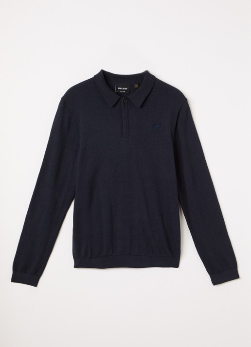 Lyle & Scott Fijngebreide polo met logo - voorkant donkerblauw