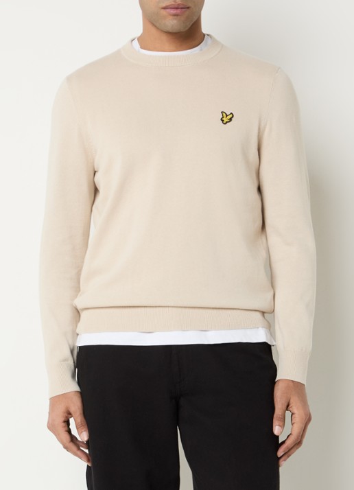 Lyle & Scott Fijngebreide pullover met logo - detail beige