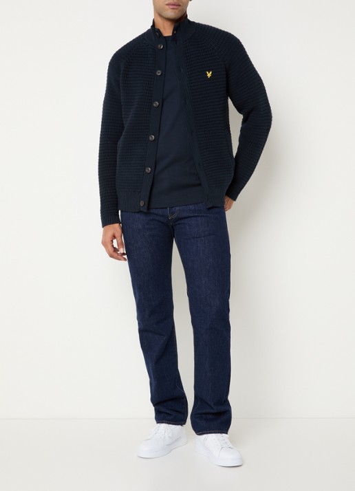Lyle & Scott Grofgebreid vest met logoborduring - voorkant 2 donkerblauw