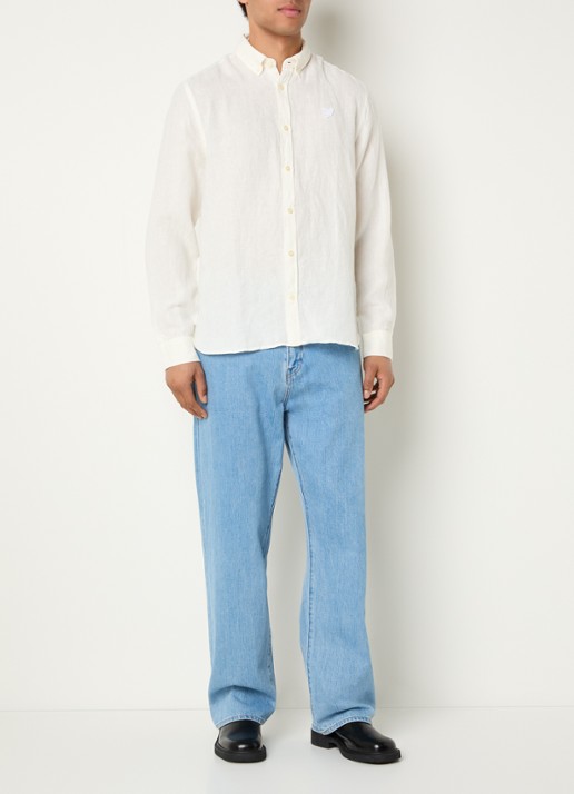Lyle & Scott Regular fit overhemd in linnenblend met logo - voorkant 4 gebroken wit