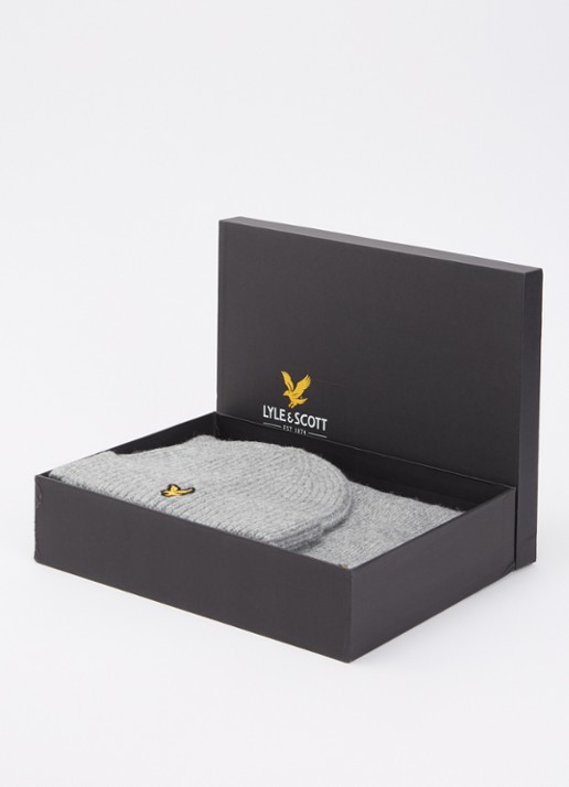 Lyle & Scott Ribgebreide muts en sjaal 180 x 33 cm in giftbox - detail 3 grijsmele