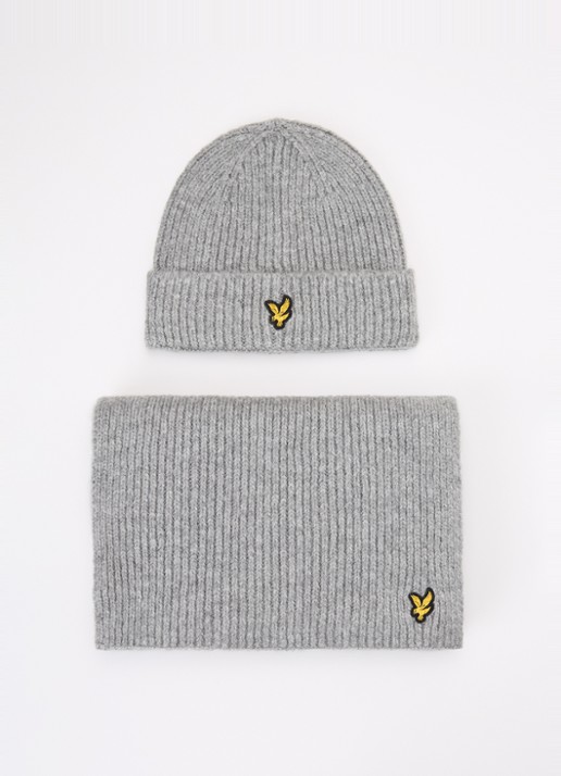 Lyle & Scott Ribgebreide muts en sjaal 180 x 33 cm in giftbox - voorkant grijsmele