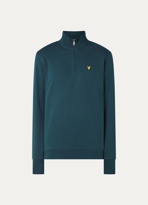 Lyle & Scott Sweater met halve rits en logoborduring - voorkant petrol