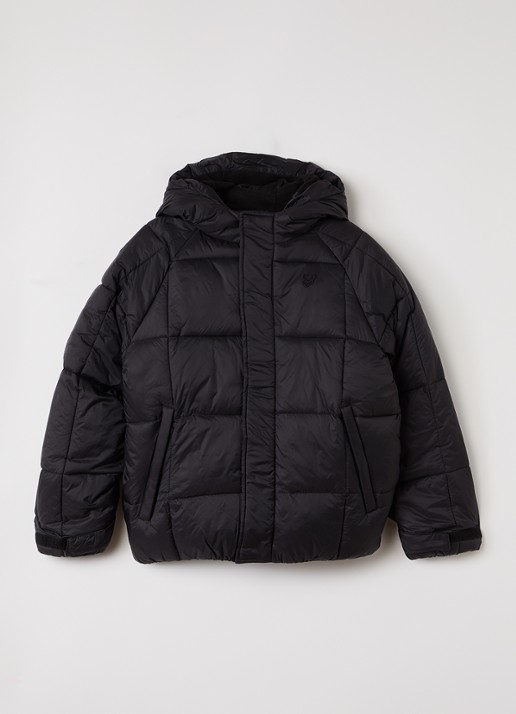 Lyle & Scott Tonal Eagle puffer jas met quiltpatroon en capuchon  - voorkant 2 zwart